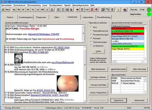 Multimediale elektronische Karteikarte in RST-MED Win. Klick zur Vergrößerung.