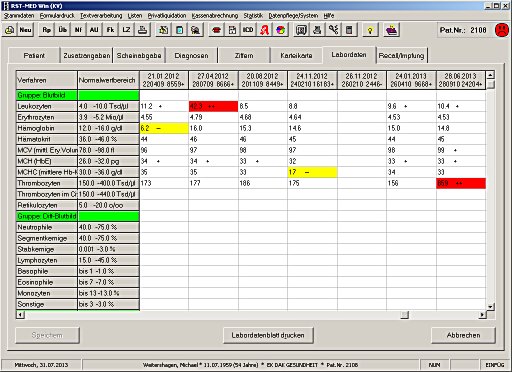 Das Labordatenblatt in RST-MED Win. Klick zur Vergrößerung.